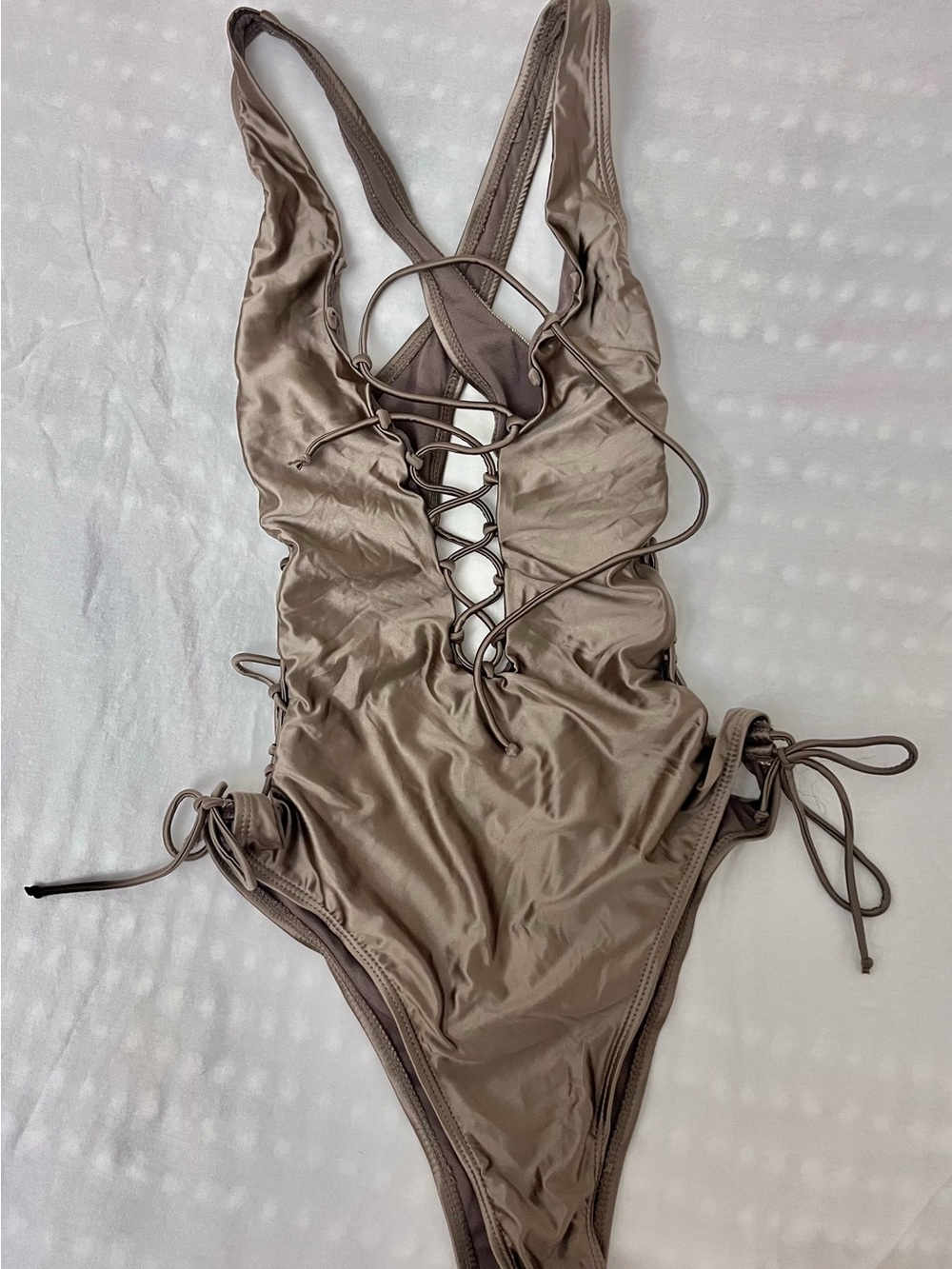 Lace-Up Taupe One-Piece Swimsuit - woman swimwear